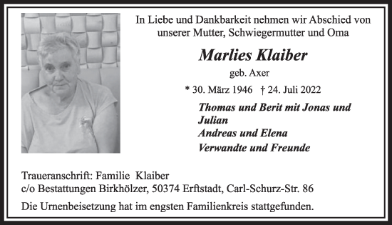 Anzeige von Marlies Klaiber von  Werbepost 