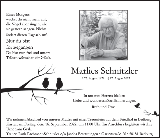 Anzeige von Marlies Schnitzler von  Werbepost 