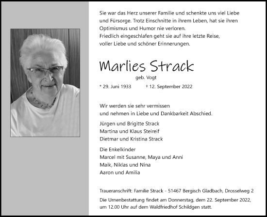Anzeige von Marlies Strack von Kölner Stadt-Anzeiger / Kölnische Rundschau / Express