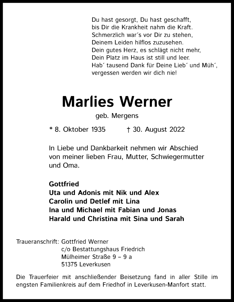  Traueranzeige für Marlies Werner vom 10.09.2022 aus Kölner Stadt-Anzeiger / Kölnische Rundschau / Express