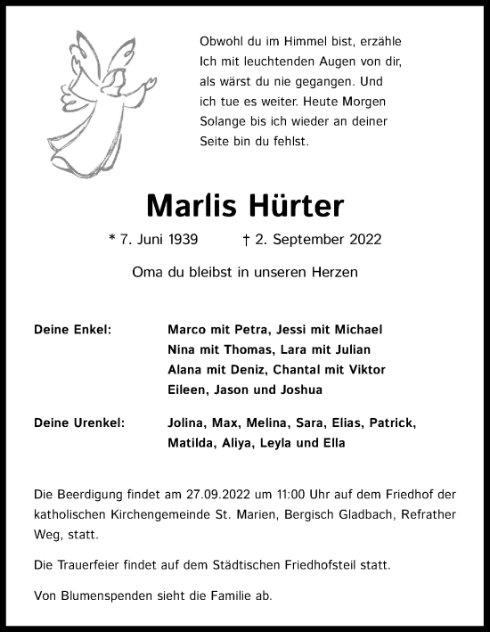 Anzeige von Marlis Hürter von Kölner Stadt-Anzeiger / Kölnische Rundschau / Express