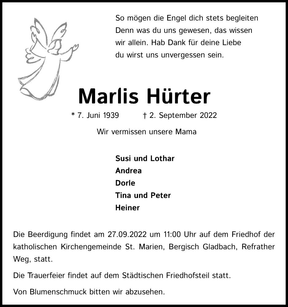  Traueranzeige für Marlis Hürter vom 17.09.2022 aus Kölner Stadt-Anzeiger / Kölnische Rundschau / Express