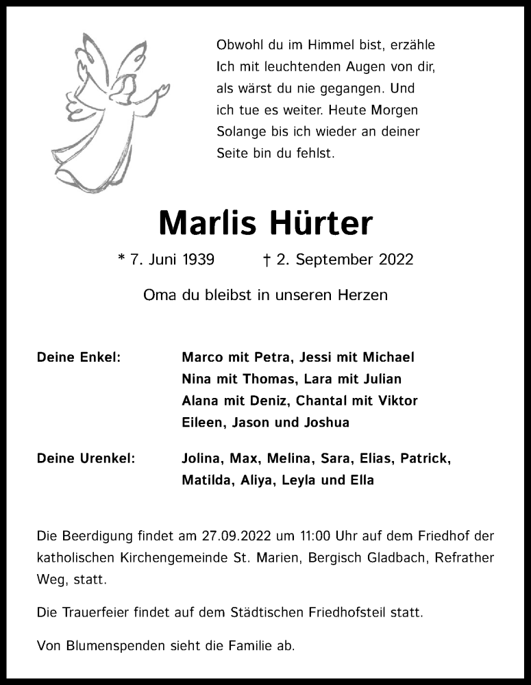  Traueranzeige für Marlis Hürter vom 17.09.2022 aus Kölner Stadt-Anzeiger / Kölnische Rundschau / Express