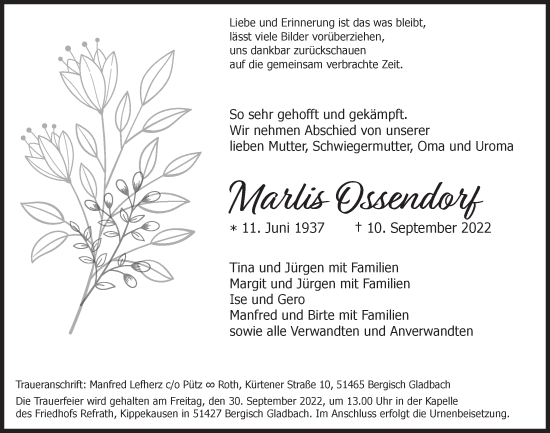 Anzeige von Marlis Ossendorf von  Bergisches Handelsblatt 