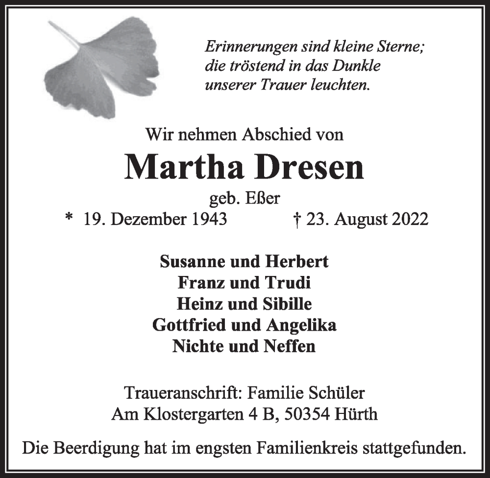  Traueranzeige für Martha Dresen vom 02.09.2022 aus  Wochenende 