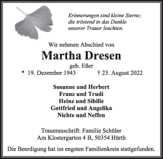 Anzeige von Martha Dresen von  Wochenende 