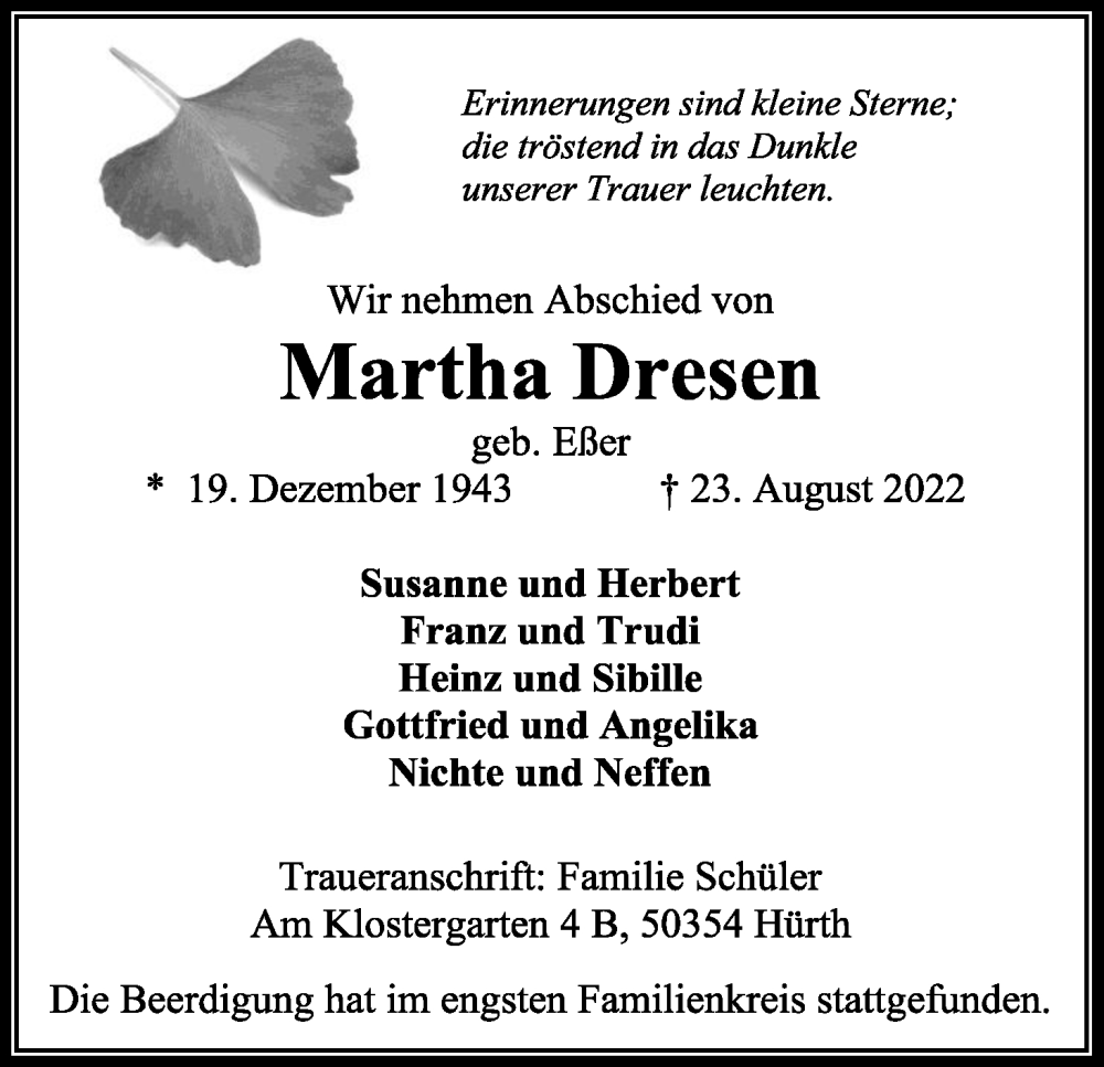  Traueranzeige für Martha Dresen vom 03.09.2022 aus Kölner Stadt-Anzeiger / Kölnische Rundschau / Express