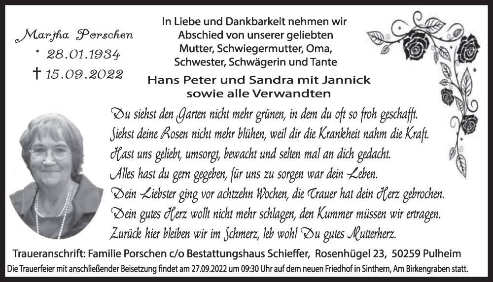 Traueranzeige für Martha Porschen vom 23.09.2022 aus  Wochenende 