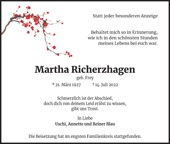 Anzeige von Martha Richerzhagen von Kölner Stadt-Anzeiger / Kölnische Rundschau / Express