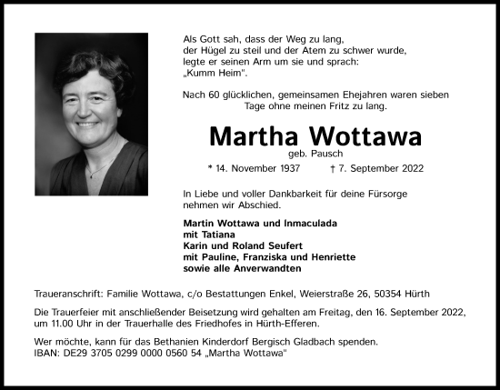 Anzeige von Martha Wottawa von Kölner Stadt-Anzeiger / Kölnische Rundschau / Express