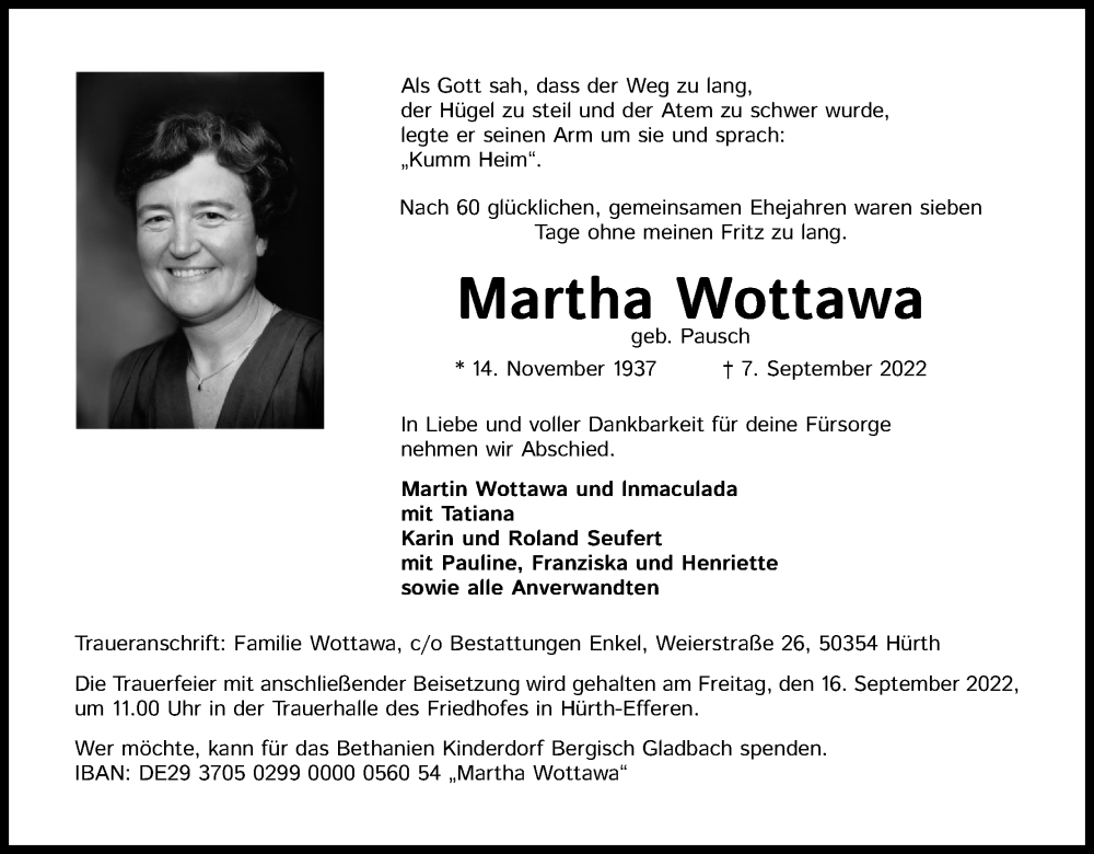  Traueranzeige für Martha Wottawa vom 14.09.2022 aus Kölner Stadt-Anzeiger / Kölnische Rundschau / Express