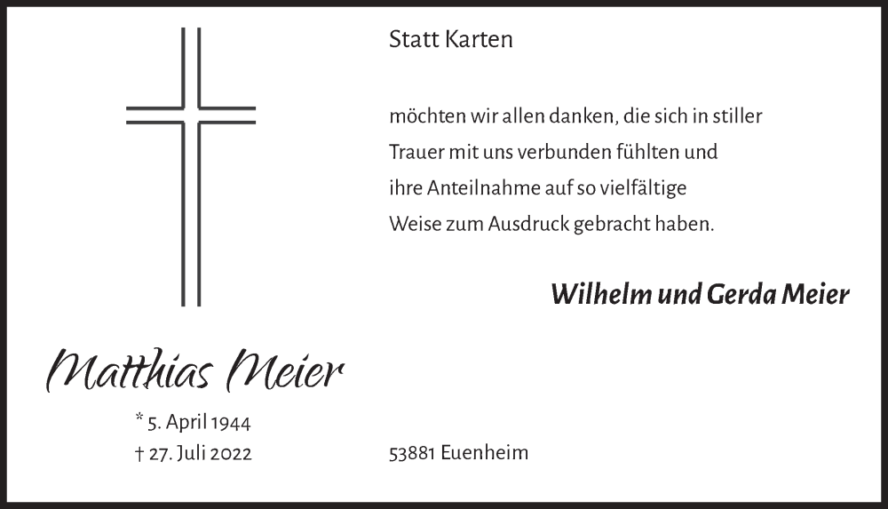  Traueranzeige für Matthias Meier vom 24.09.2022 aus  Blickpunkt Euskirchen 