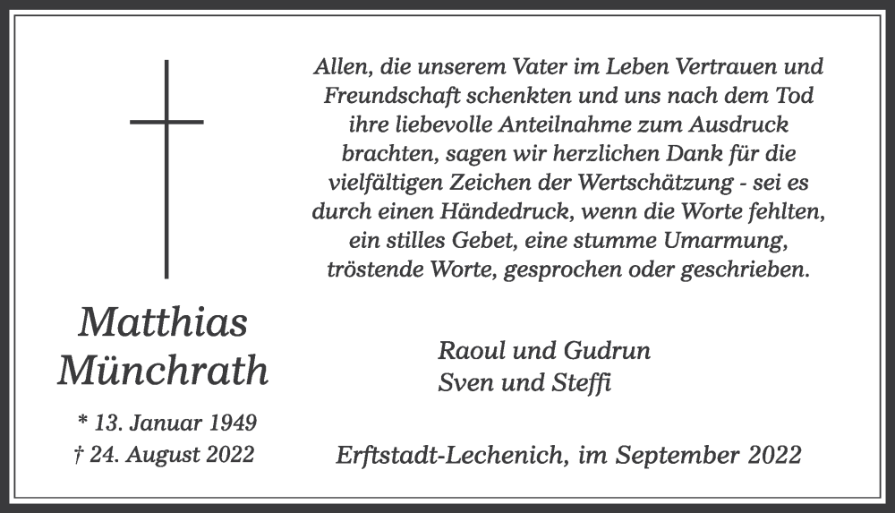  Traueranzeige für Matthias Münchrath vom 23.09.2022 aus  Werbepost 