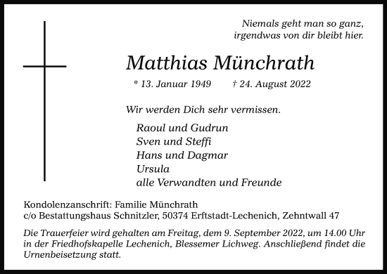 Anzeige von Matthias Münchrath von Kölner Stadt-Anzeiger / Kölnische Rundschau / Express