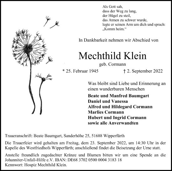 Anzeige von Mechthild Klein von Kölner Stadt-Anzeiger / Kölnische Rundschau / Express