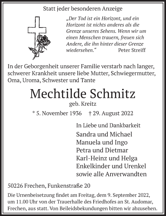 Anzeige von Mechtilde Schmitz von  Wochenende 