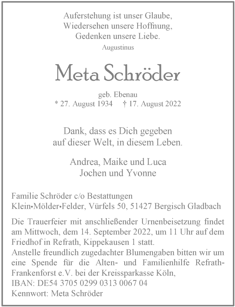  Traueranzeige für Meta Schröder vom 02.09.2022 aus  Bergisches Handelsblatt 