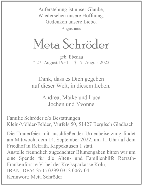 Anzeige von Meta Schröder von  Bergisches Handelsblatt 