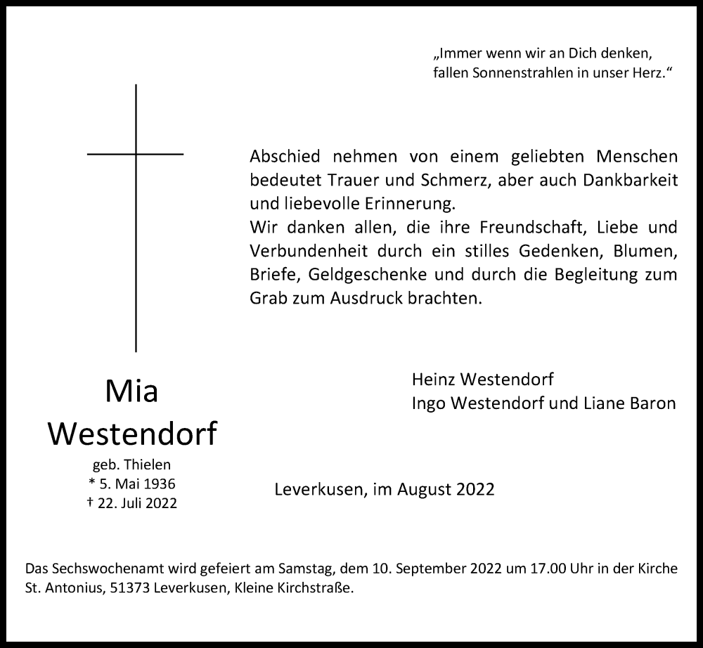  Traueranzeige für Mia Westendorf vom 03.09.2022 aus Kölner Stadt-Anzeiger / Kölnische Rundschau / Express