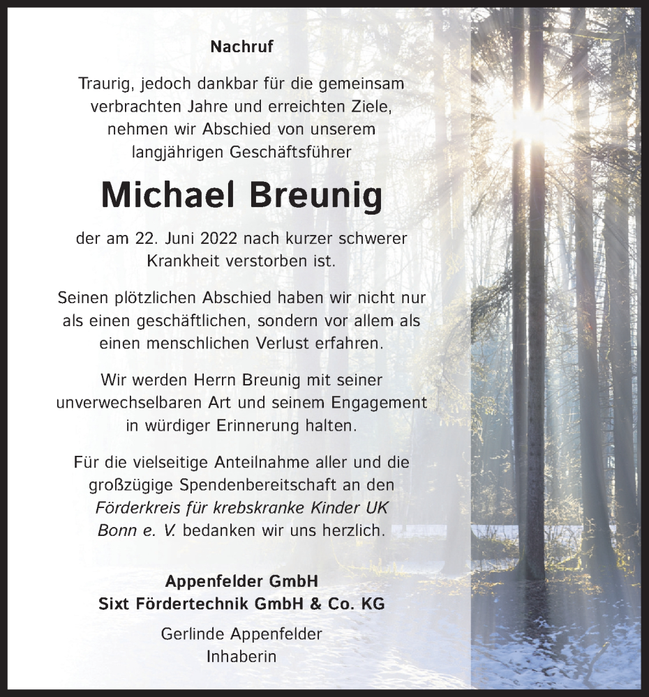  Traueranzeige für Michael Breunig vom 19.09.2022 aus Kölner Stadt-Anzeiger / Kölnische Rundschau / Express