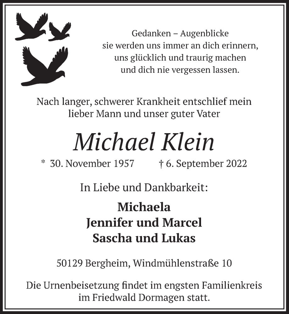 Traueranzeige für Michael Klein vom 16.09.2022 aus  Wochenende  Werbepost 