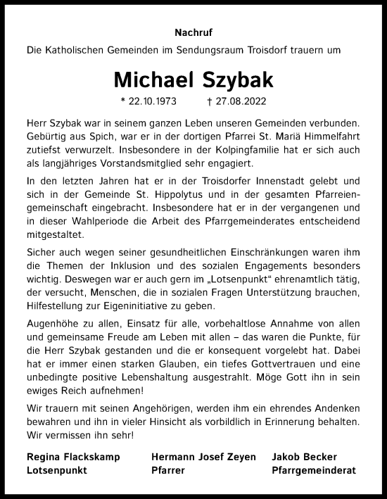 Anzeige von Michael Szybak von Kölner Stadt-Anzeiger / Kölnische Rundschau / Express