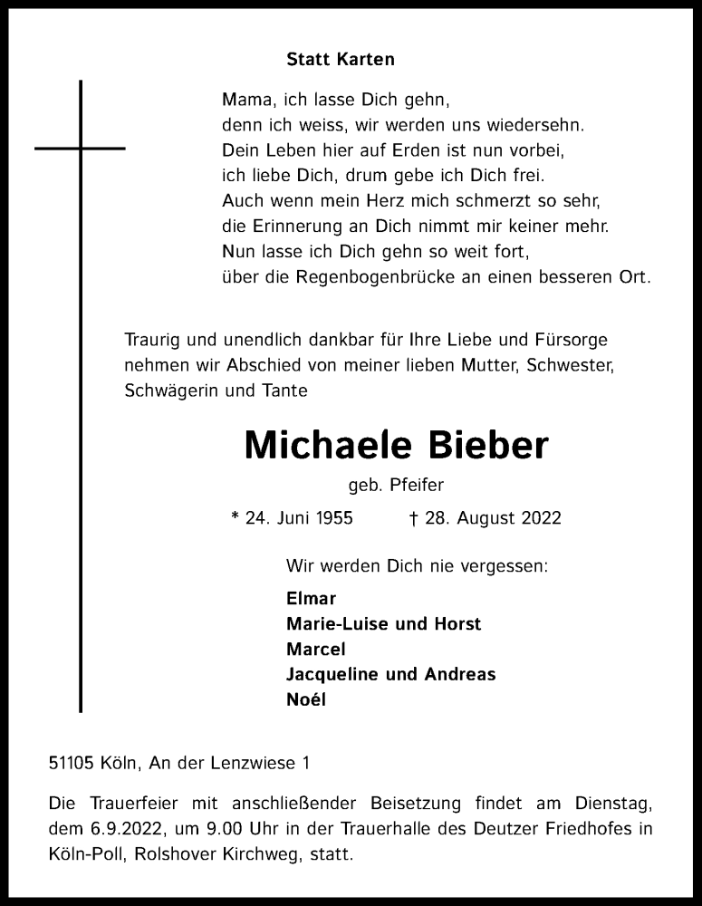  Traueranzeige für Michaele Bieber vom 03.09.2022 aus Kölner Stadt-Anzeiger / Kölnische Rundschau / Express
