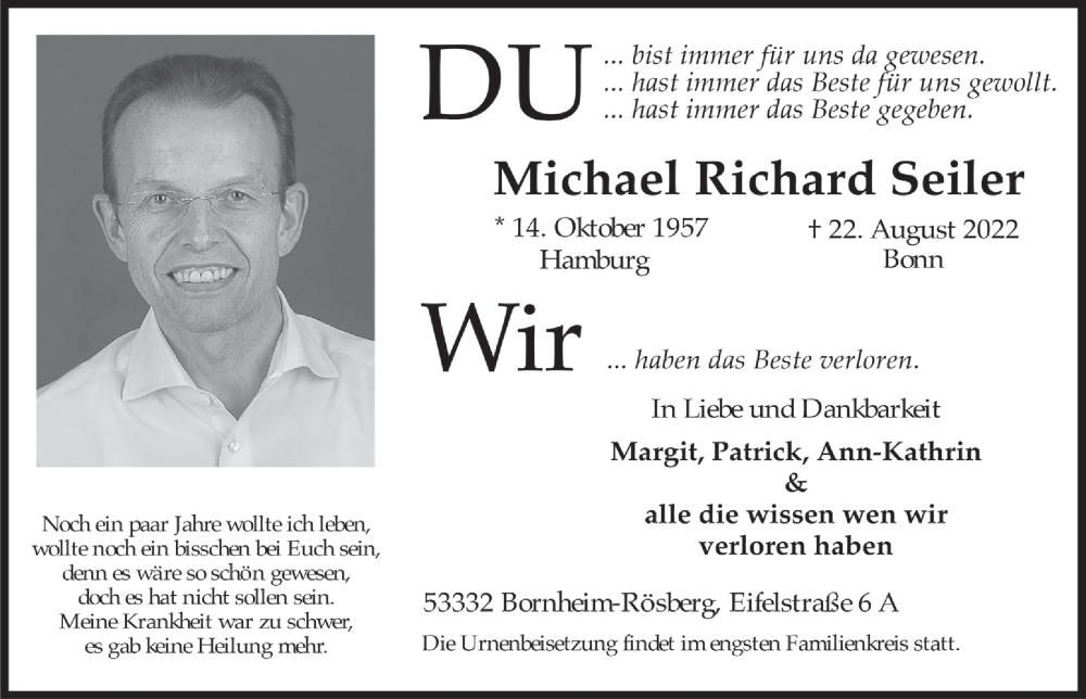  Traueranzeige für Michael Richard Seiler vom 03.09.2022 aus  Schaufenster/Blickpunkt 