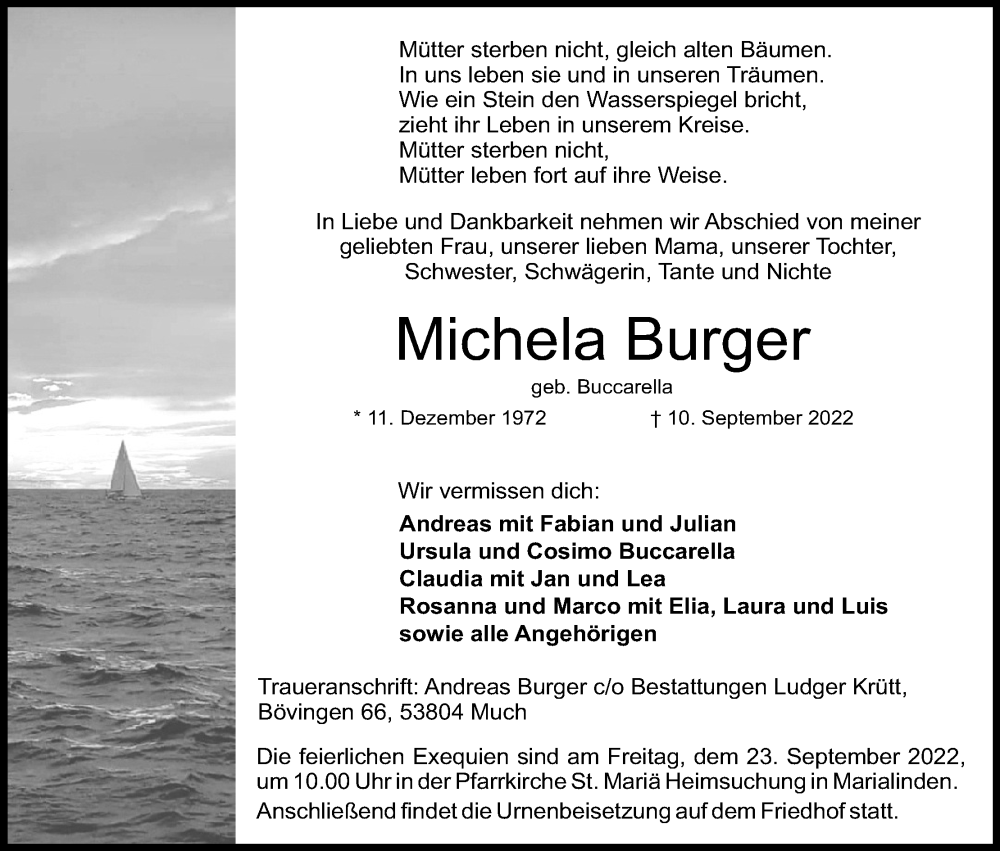  Traueranzeige für Michela Burger vom 17.09.2022 aus Kölner Stadt-Anzeiger / Kölnische Rundschau / Express