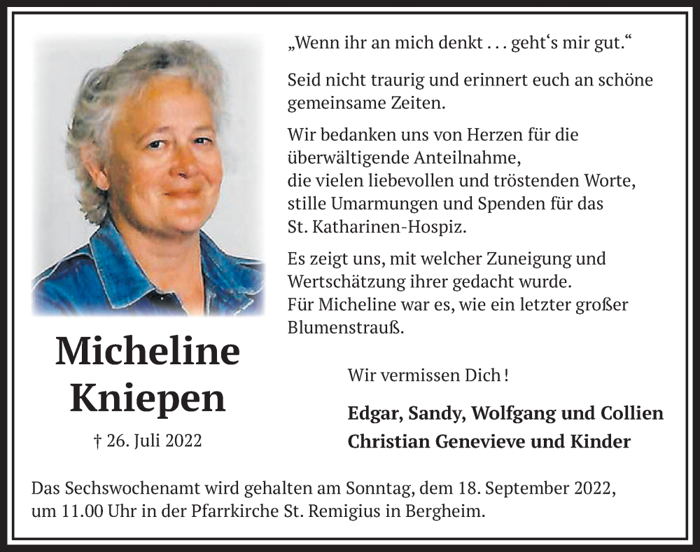  Traueranzeige für Micheline Kniepen vom 09.09.2022 aus  Werbepost 