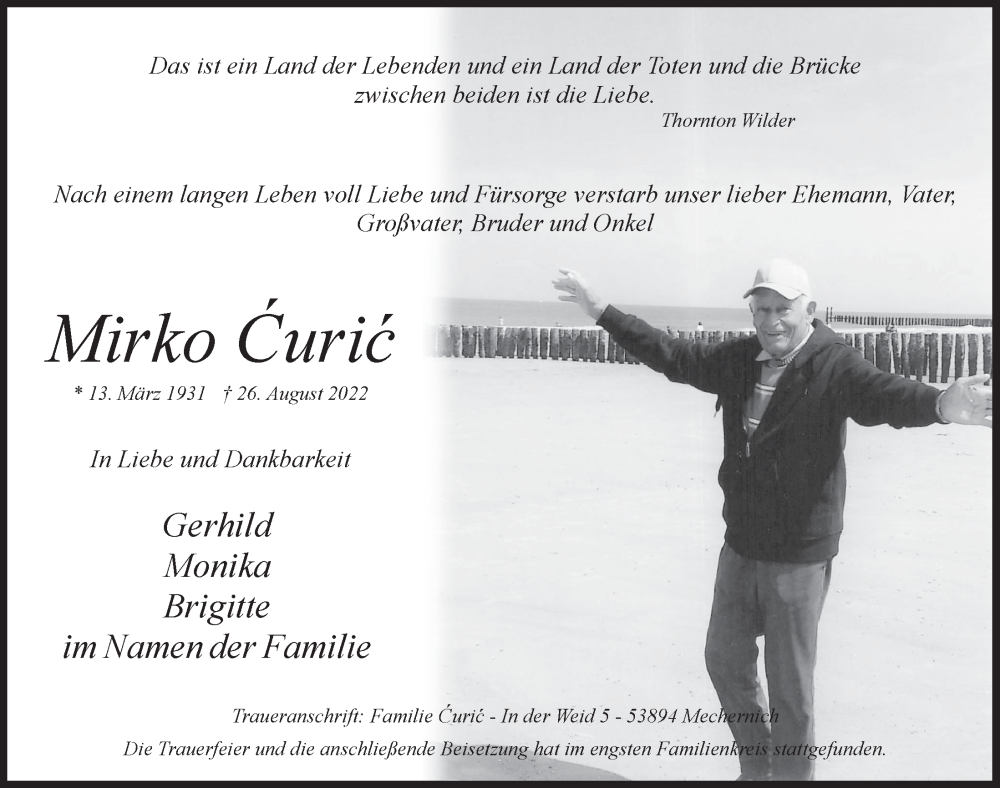  Traueranzeige für Mirko Curic vom 10.09.2022 aus  Blickpunkt Euskirchen 