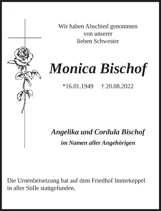 Anzeige von Monica Bischof von  Bergisches Handelsblatt 