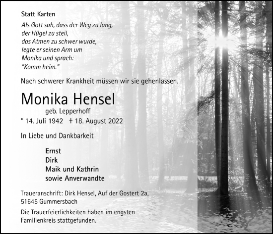 Anzeige von Monika Hensel von  Anzeigen Echo 