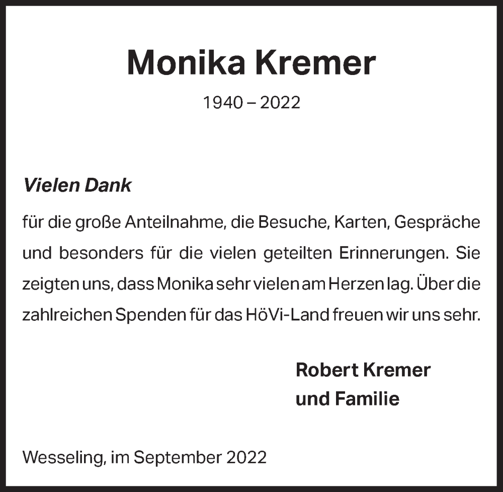  Traueranzeige für Monika Kremer vom 02.09.2022 aus  Schlossbote/Werbekurier 