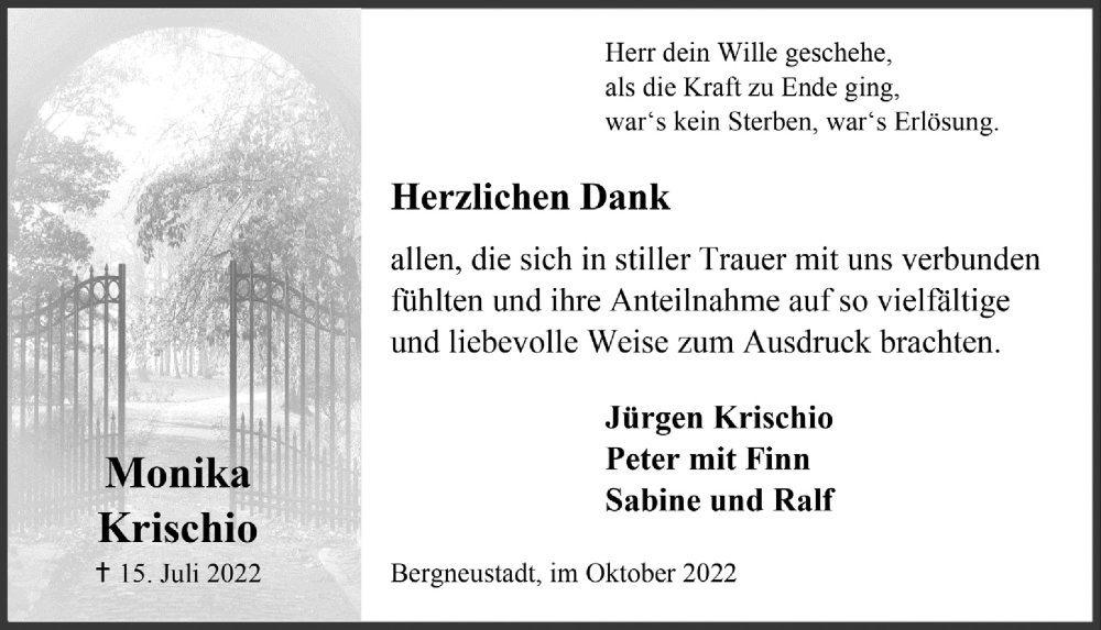  Traueranzeige für Monika Krischio vom 30.09.2022 aus  Anzeigen Echo 