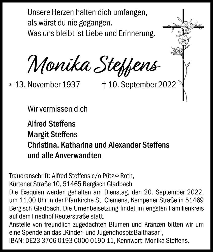  Traueranzeige für Monika Steffens vom 17.09.2022 aus Kölner Stadt-Anzeiger / Kölnische Rundschau / Express