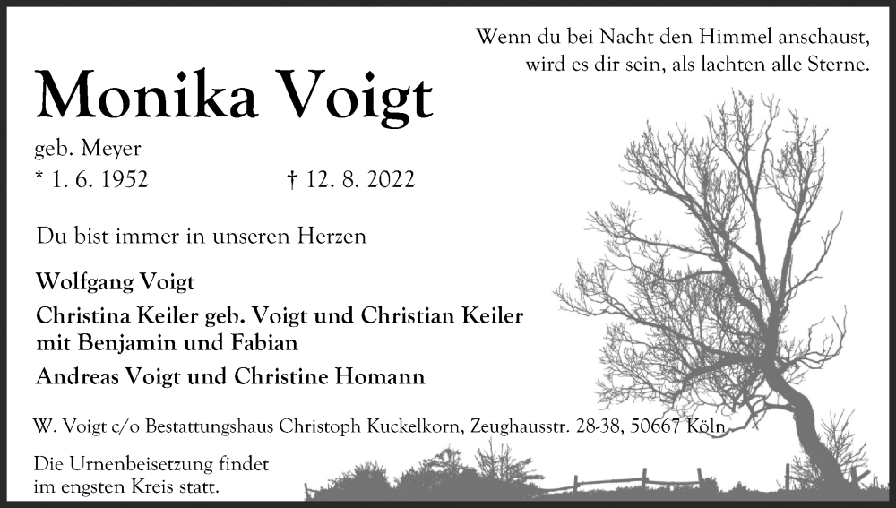  Traueranzeige für Monika Voigt vom 03.09.2022 aus Kölner Stadt-Anzeiger / Kölnische Rundschau / Express