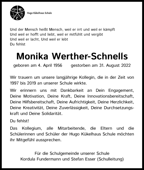 Anzeige von Monika Werther-Schnells von Kölner Stadt-Anzeiger / Kölnische Rundschau / Express