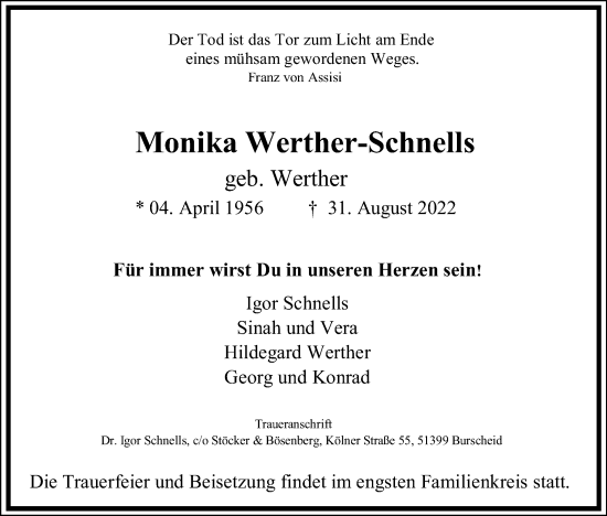Anzeige von Monika Werther-Schnells von Kölner Stadt-Anzeiger / Kölnische Rundschau / Express