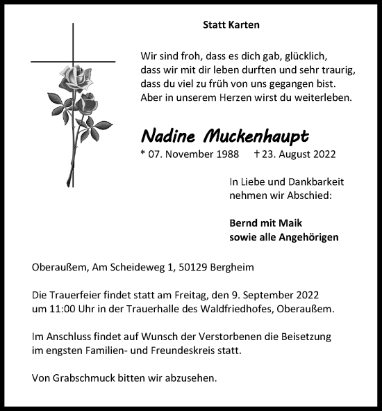Anzeige von Nadine Muckenhaupt von Kölner Stadt-Anzeiger / Kölnische Rundschau / Express