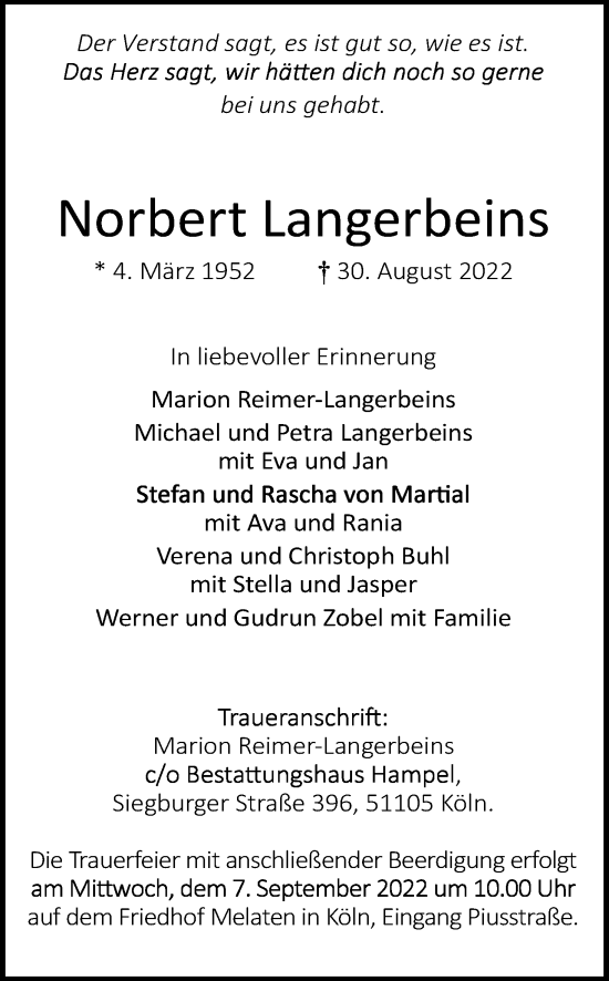 Anzeige von Norbert Langerbeins von Kölner Stadt-Anzeiger / Kölnische Rundschau / Express