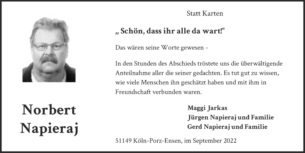  Traueranzeige für Norbert Napieraj vom 16.09.2022 aus  EXPRESS - Die Woche 