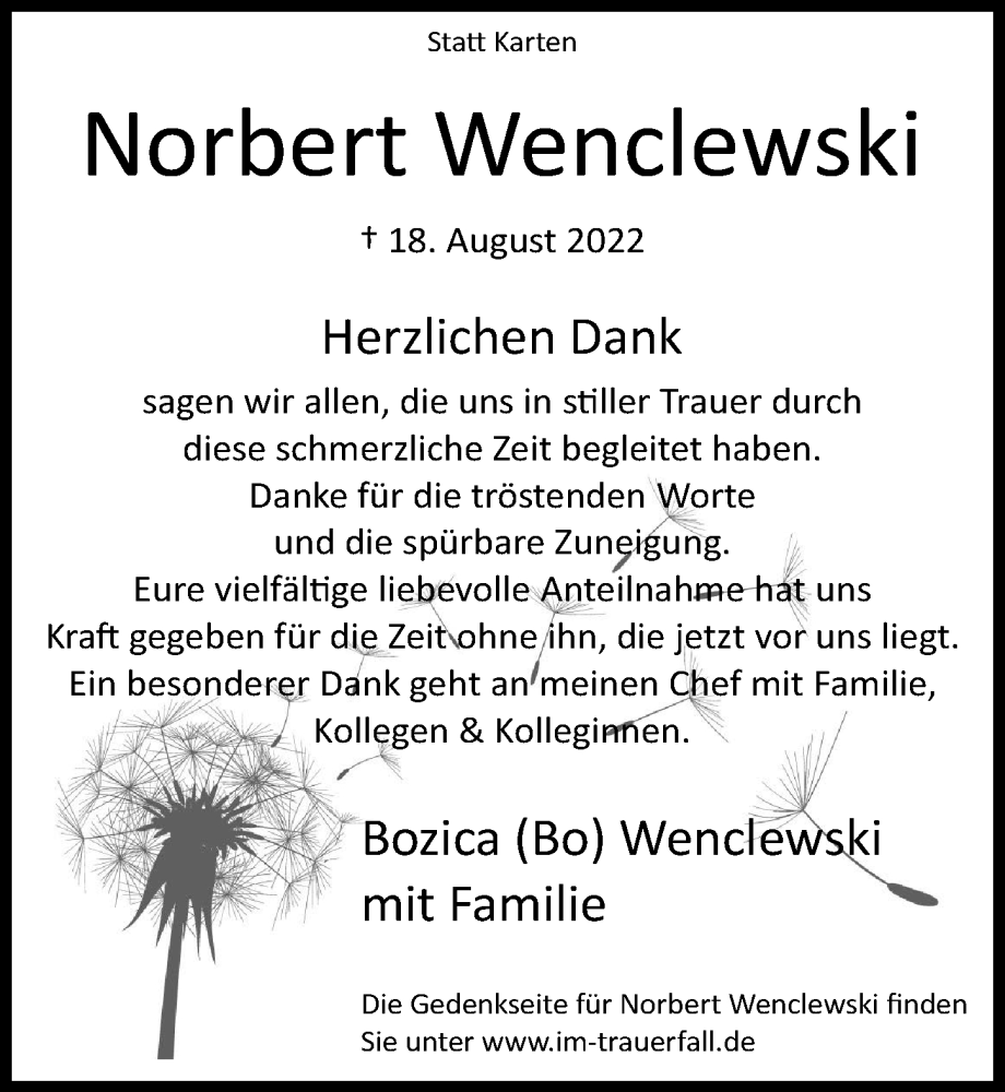  Traueranzeige für Norbert Wenclewski vom 30.09.2022 aus  Lokalanzeiger 