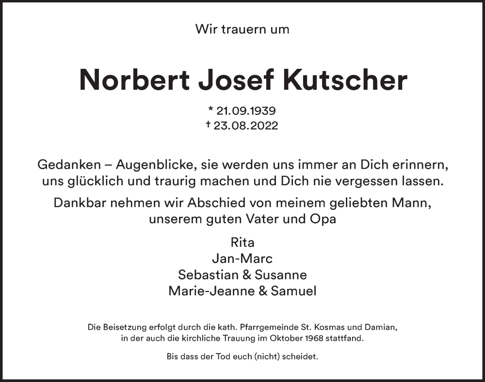  Traueranzeige für Norbert Josef Kutscher vom 02.09.2022 aus  Wochenende 