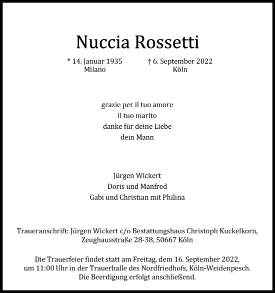 Anzeige von Nuccia Rossetti von Kölner Stadt-Anzeiger / Kölnische Rundschau / Express