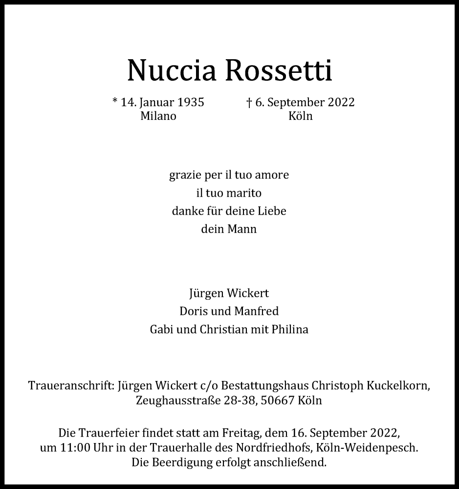  Traueranzeige für Nuccia Rossetti vom 10.09.2022 aus Kölner Stadt-Anzeiger / Kölnische Rundschau / Express