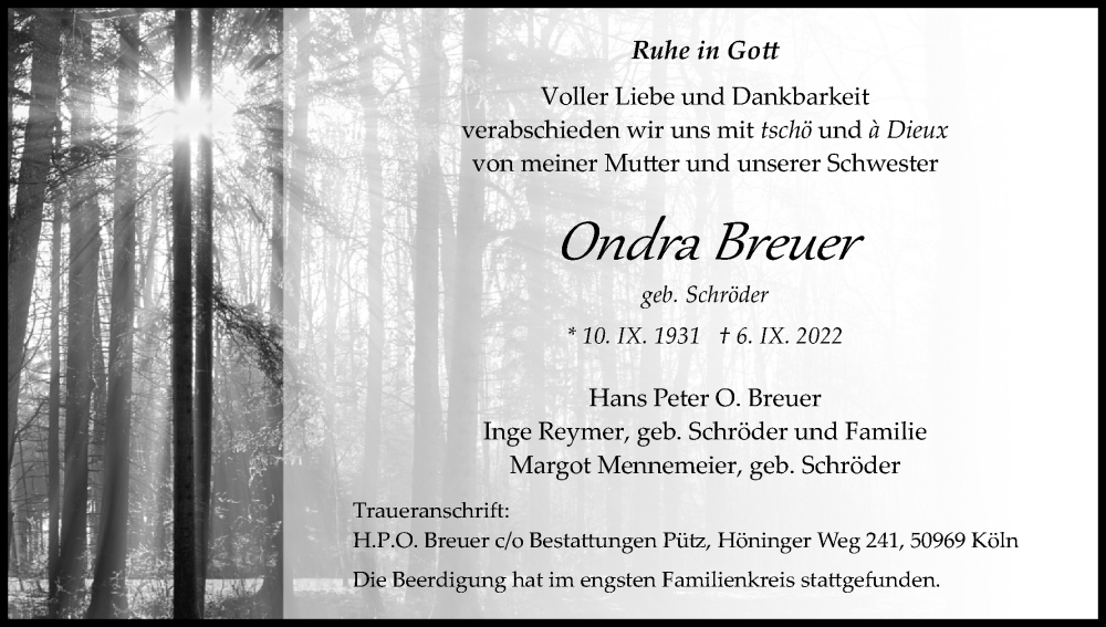 Traueranzeige für Ondra Breuer vom 17.09.2022 aus Kölner Stadt-Anzeiger / Kölnische Rundschau / Express