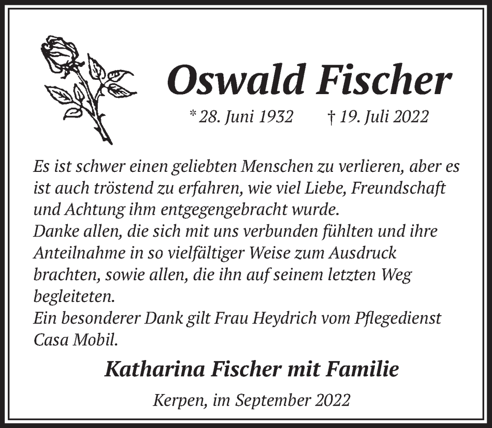  Traueranzeige für Oswald Fischer vom 02.09.2022 aus  Werbepost 