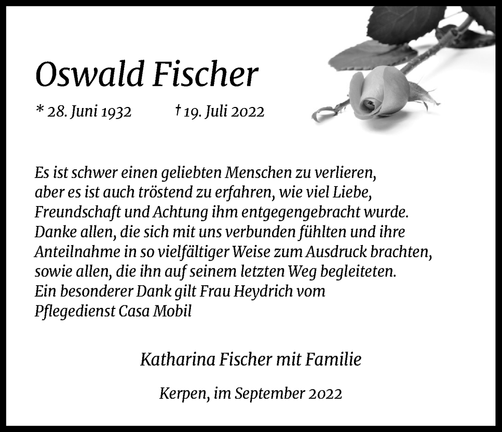  Traueranzeige für Oswald Fischer vom 03.09.2022 aus Kölner Stadt-Anzeiger / Kölnische Rundschau / Express