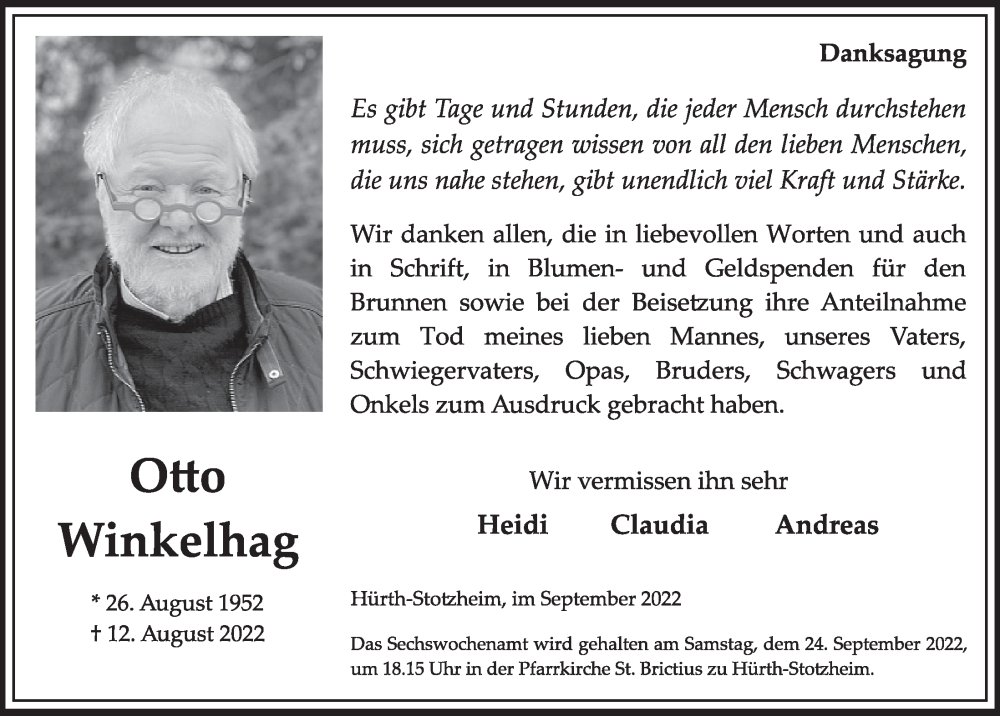  Traueranzeige für Otto Winkelhag vom 16.09.2022 aus  Wochenende 